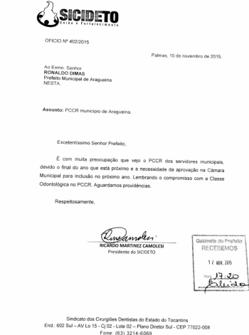 SICIDETO PROTOCOLA OFICIO NA PREFEITURA DE ARAGUAÍNA SICIDETO PROTOCOLA OFICIO NA PREFEITURA DE ARAGUAÍNA
